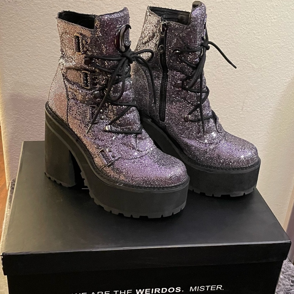 Killstar silver glitter broom rider boot